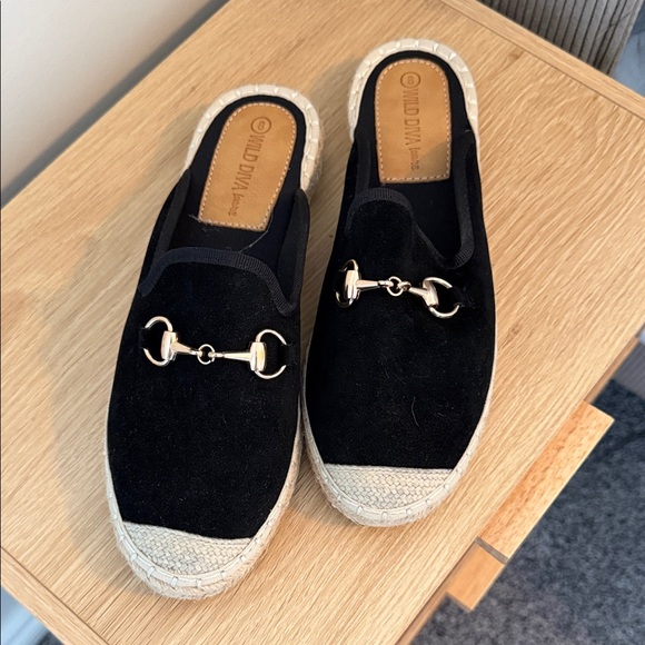 Wild Diva Shoes - Wild Diva Black Suede Mules with Gold Accent